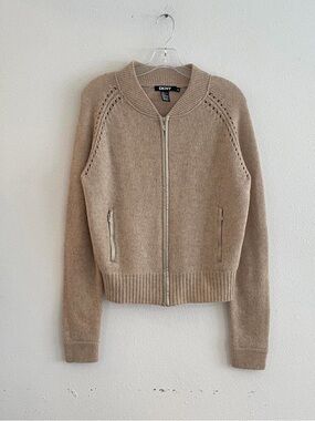 DKNY Taupe Knit Zip Bomber Sweater